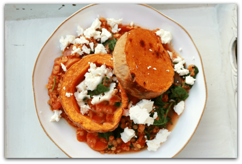 Lentils with roasted butternut squash and feta