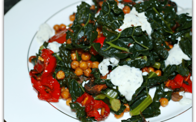Spicy roasted chickpeas with roasted vegetables and mint yoghurt