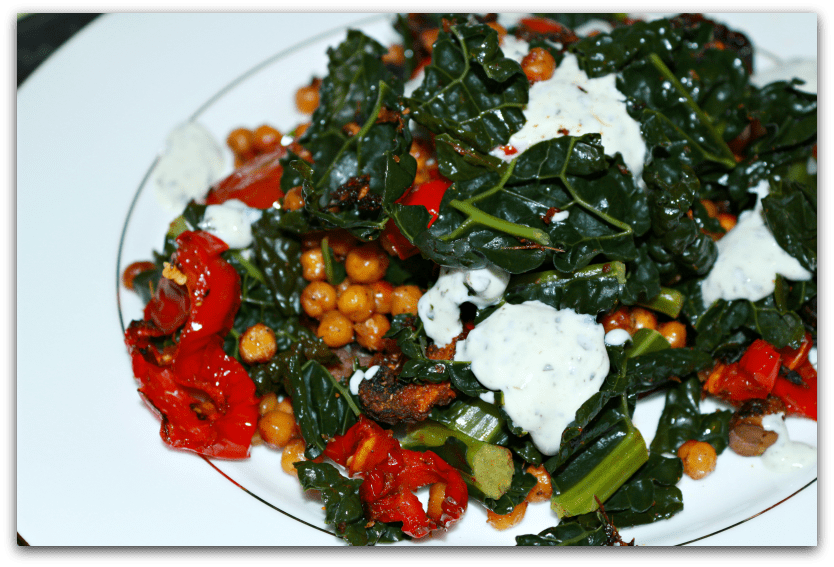 Spicy roasted chickpeas with roasted vegetables and mint yoghurt