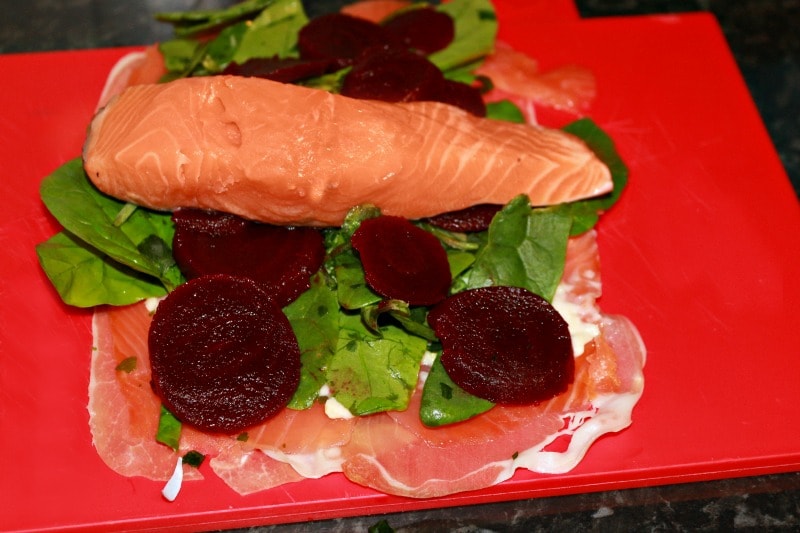 Salmon, parma ham and beetroot wrap