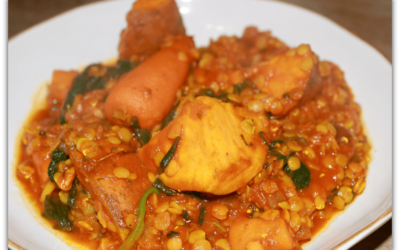 Lentil dhal with sweet potato and spinach
